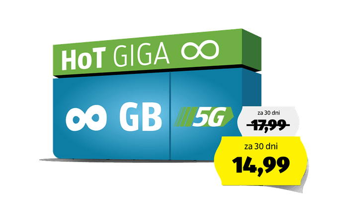Grafični prikaz paketa HoT GIGA z neomejenimi GB v 5G omrežju ter znižano ceno 14,99 € za 30 dni na rumeni podlagi.