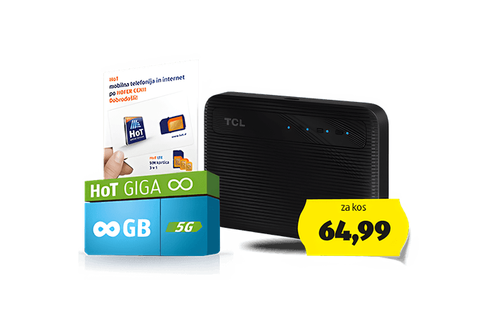 Črn prenosni modem TCL, paket HoT GIGA z neomejenimi GB 5G in rumena cena 64,99 € za kos.