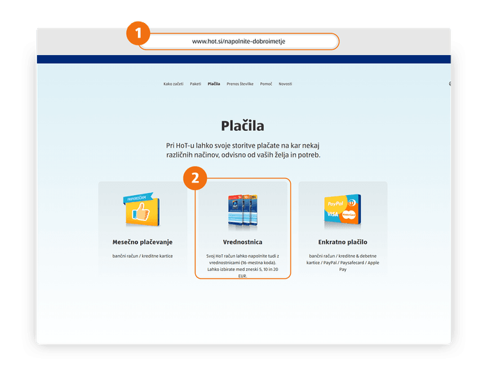 A screenshot of a webpage titled "Plačila" (Payments), highlighting various methods to pay for services.