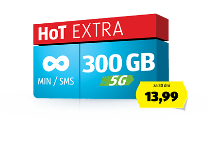 Paket HoT EXTRA: neomejeno min, neomejeno SMS in 300 GB LTE prenosa podatkov za samo 13,99 € / 30 dni z DDV.