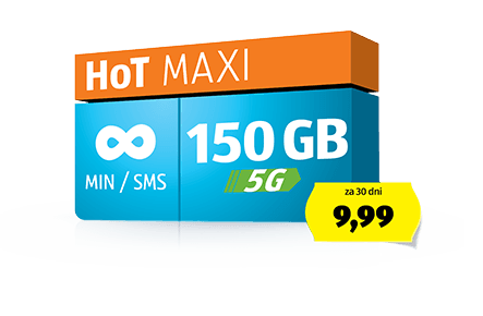 Paket HoT MAXI: neomejeno min, neomejeno SMS in 150 GB LTE prenosa podatkov za samo 9,99 € / 30 dni z DDV.