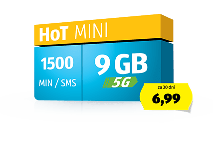 Paket HoT MINI: 1500 min, 1500 SMS in 9 GB LTE prenosa podatkov za samo 6,99 € / 30 dni z DDV.